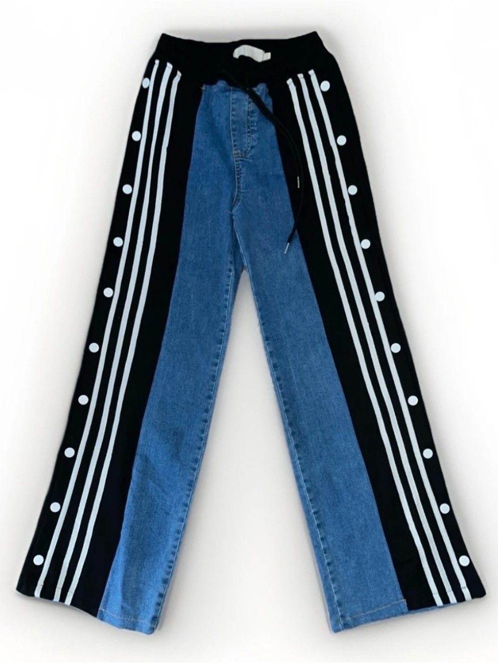 L.I.C Denim Track Pants Small Blue Black Side Snap Striped Wide Leg